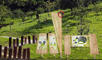 Paneles de divulgación sidrera en el paisaje de Sagardoetxea